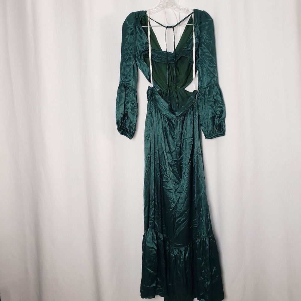 Rahi XS Emerald Green Crinkle Satin Cutout Maxi Dress Puff Sleeve ~No Broche - Picture 5 of 8